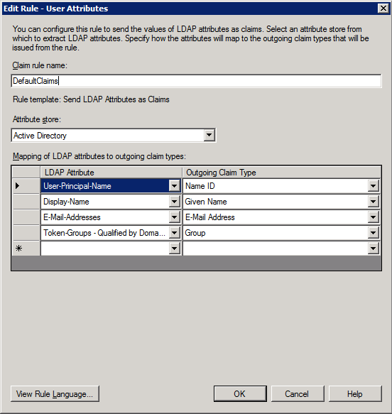 Regel bearbeiten – DefaultClaims